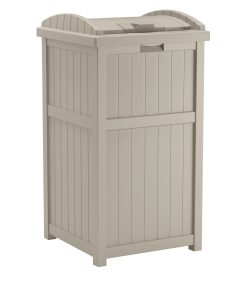 Suncast Outdoor Hideaway Trash Container for Patio, Taupe, 33 Gallon