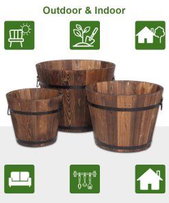 Ktaxon Wooden Bucket Barrel Planters Flower Pots for Plants Garden Outdoor Indoor Decor, Set of 3
